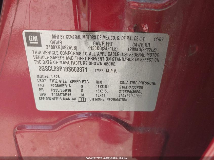 2008 Saturn Vue 4-Cyl Xe VIN: 3GSCL33P18S603871 Lot: 42317770