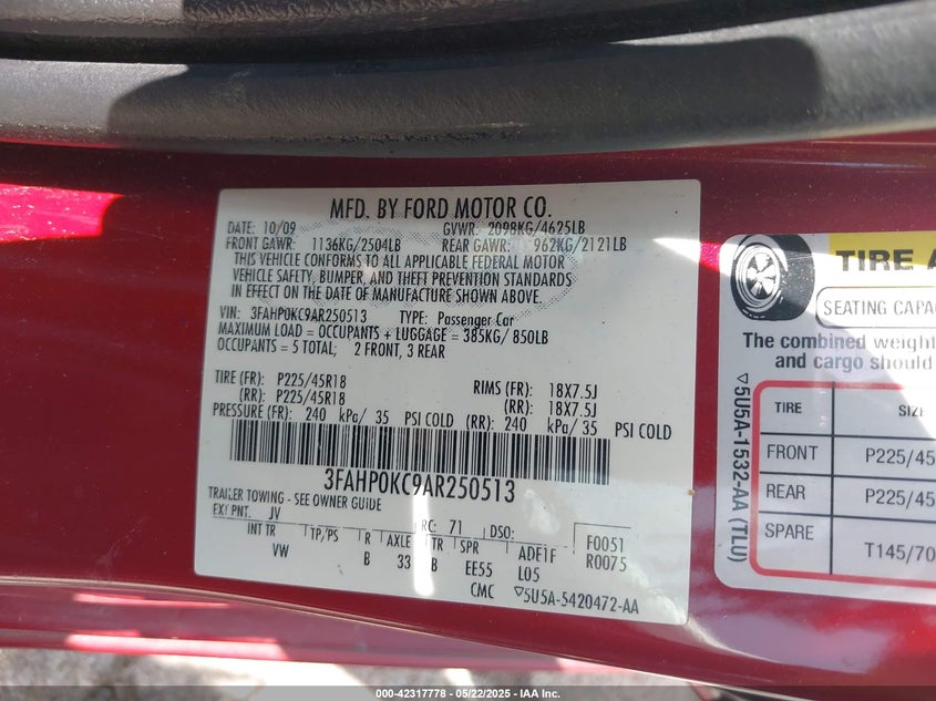 2010 FORD FUSION VIN: 3FAHP0KC9AR250513