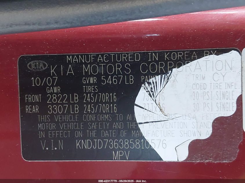 2008 Kia Sorento Ex VIN: KNDJD736385810576 Lot: 42317779