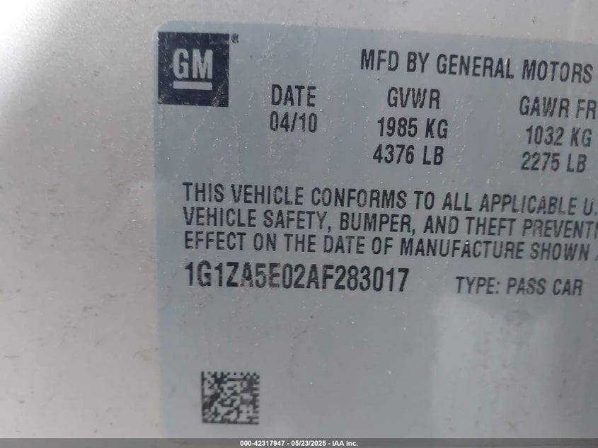 2010 CHEVROLET MALIBU VIN: 1G1ZA5E02AF283017