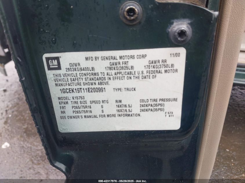 2001 Chevrolet Silverado 1500 Lt VIN: 1GCEK19T11E200991 Lot: 42317976
