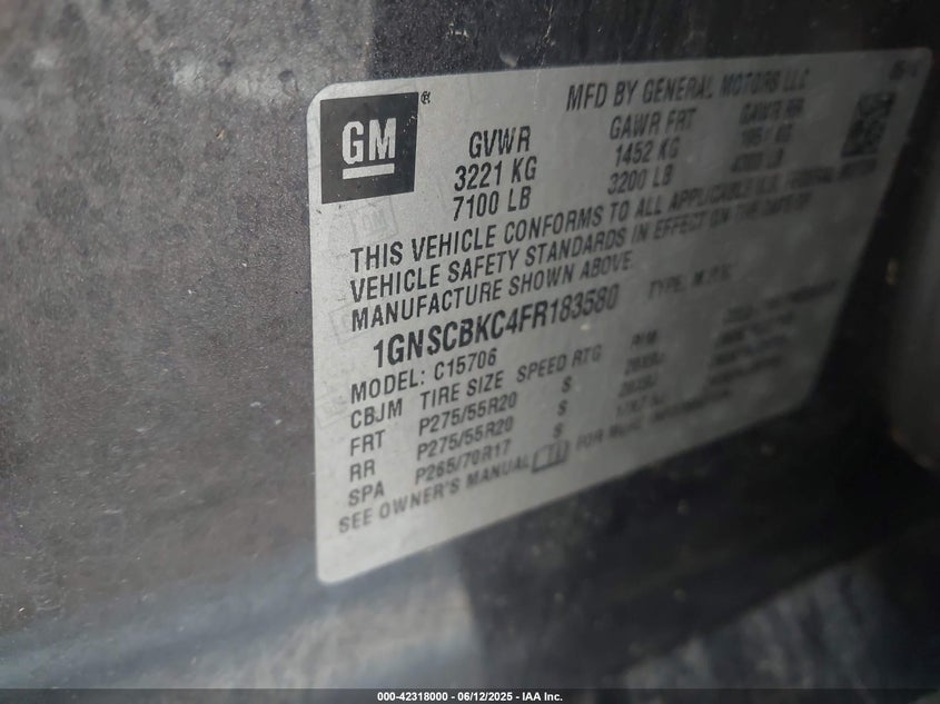 2015 CHEVROLET TAHOE LT 1GNSCBKC4FR183580