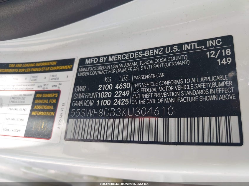 VIN 55SWF8DB3KU304610 2019 MERCEDES-BENZ C 300