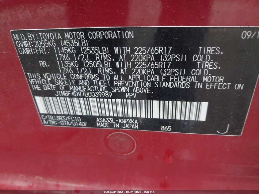 2011 TOYOTA RAV4 VIN: JTMBF4DV7BD039989
