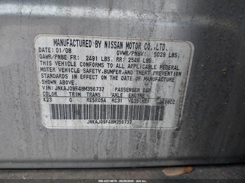 2008 Infiniti Ex35 Journey VIN: JNKAJ09F48M356737 Lot: 42318079
