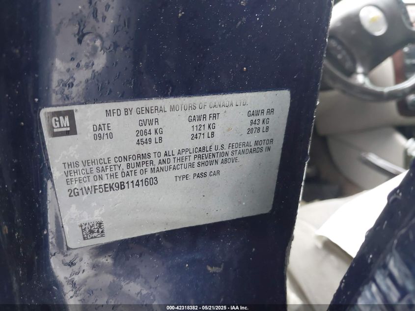 2011 Chevrolet Impala Ls VIN: 2G1WF5EK9B114160 Lot: 42318382