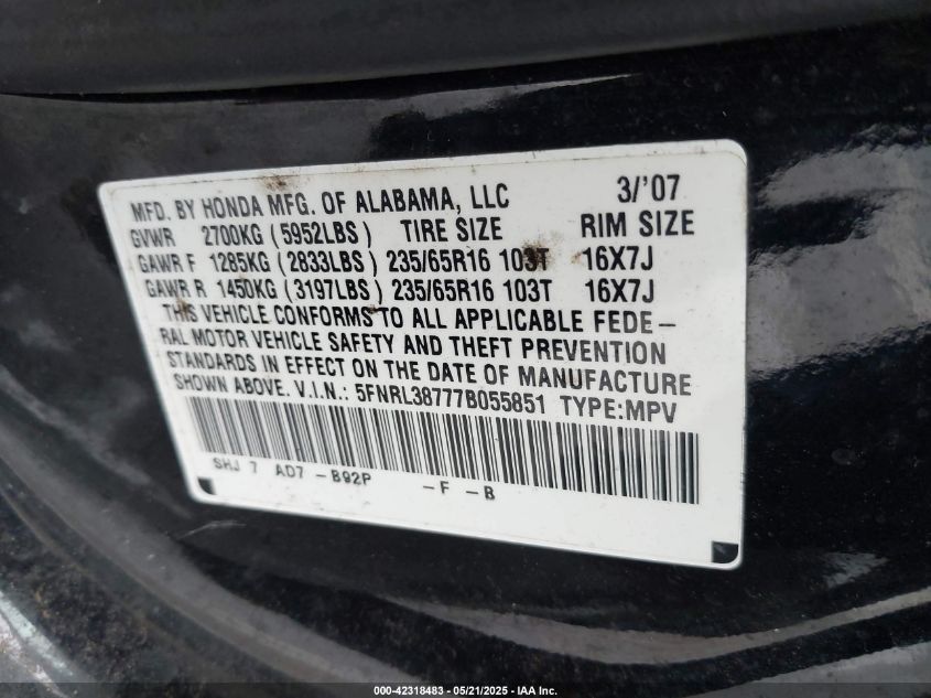 2007 Honda Odyssey Ex-L VIN: 5FNRL38777B05585 Lot: 42318483