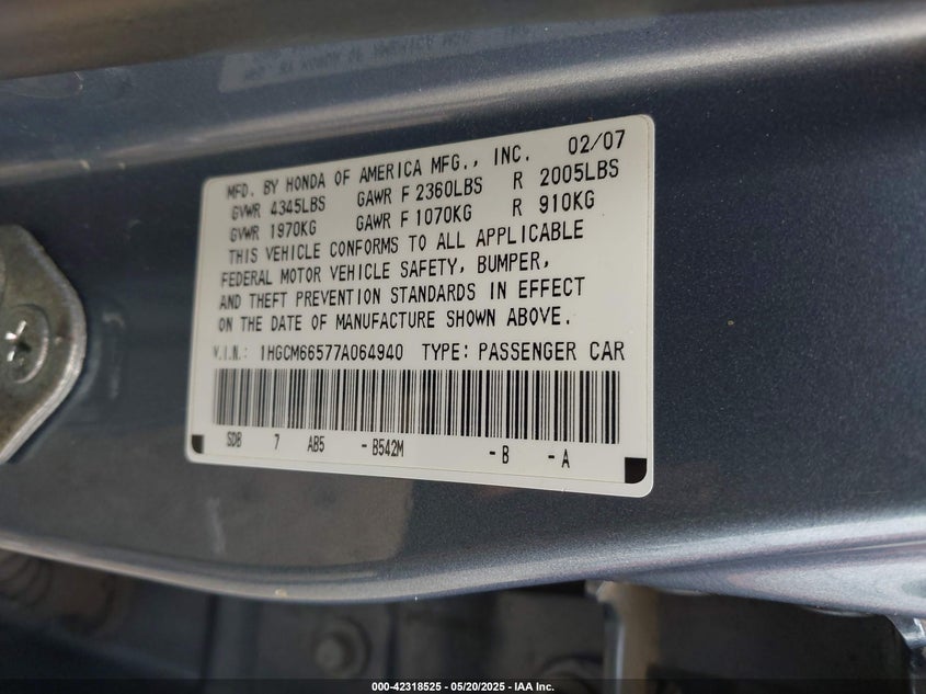 2007 HONDA ACCORD VIN: 1HGCM66577A064940