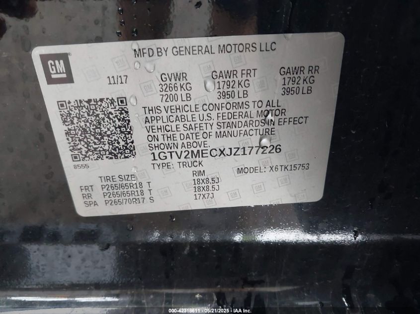 2018 GMC Sierra 1500 Sle VIN: 1GTV2MECXJZ177226 Lot: 42318611