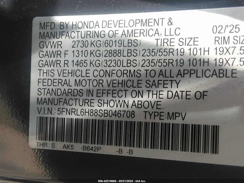 2025 HONDA ODYSSEY TOURING - 5FNRL6H88SB046708