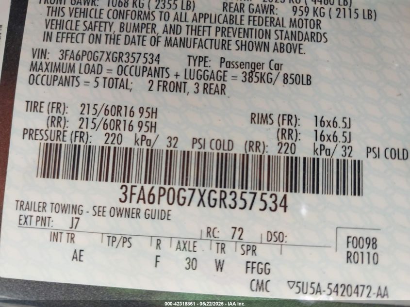 2016 Ford Fusion S VIN: 3FA6P0G7XGR357534 Lot: 42318861