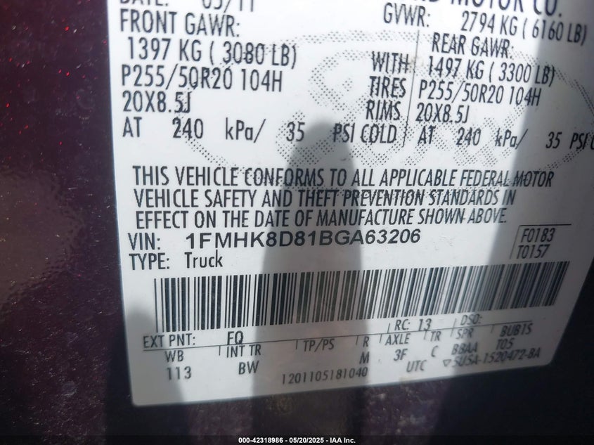 2011 FORD EXPLORER VIN: 1FMHK8D81BGA63206