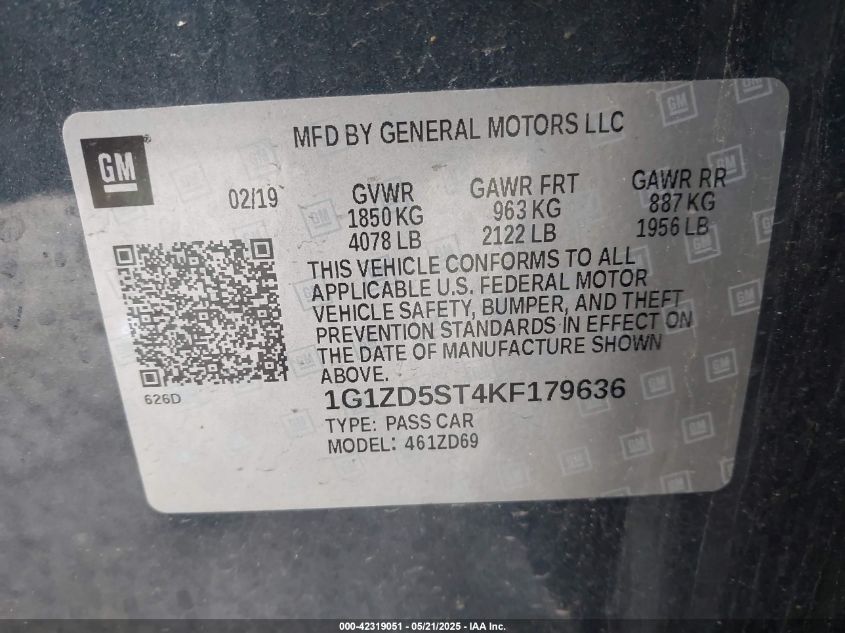 2019 Chevrolet Malibu Lt VIN: 1G1ZD5ST4KF179636 Lot: 42319051
