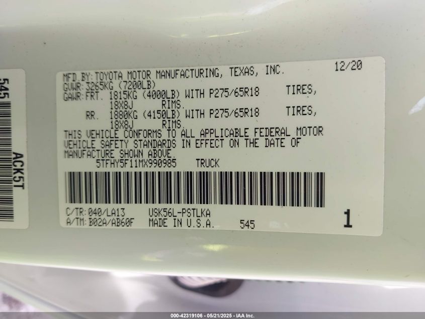 2021 Toyota Tundra - 5TFHY5F11MX990985