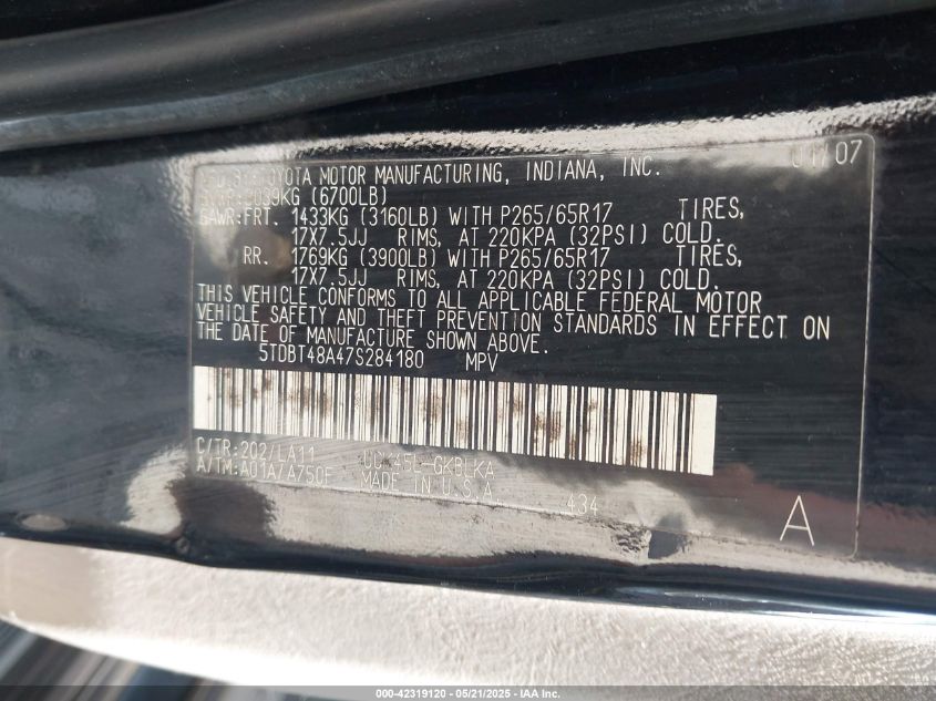 2007 Toyota Sequoia Limited V8 VIN: 5TDBT48A47S284180 Lot: 42319120