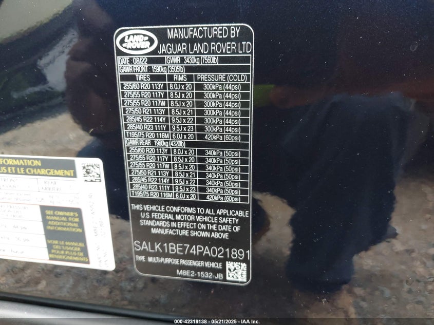 VIN SALK1BE74PA021891 2023 LAND ROVER RANGE ROVER AUTOBIOGRAPHY/AUTOBIOGRAPHY 7 SEAT