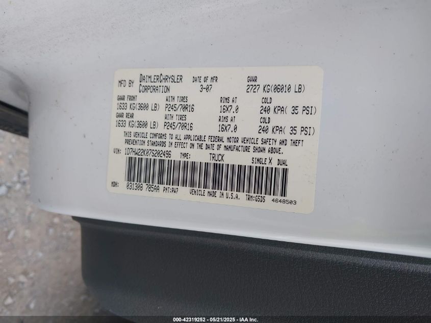 2007 Dodge Dakota St VIN: 1D7HW22K07S20496 Lot: 42319252