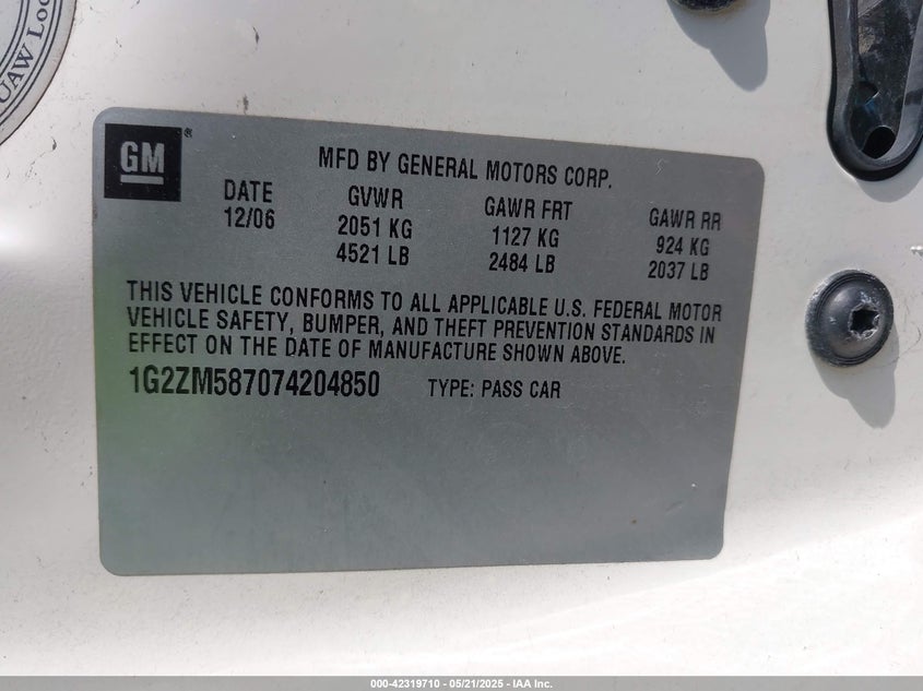 2007 Pontiac G6 Gtp VIN: 1G2ZM587074204850 Lot: 42319710