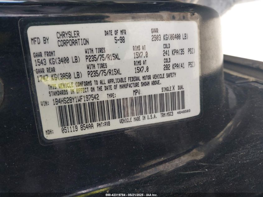 1998 Dodge Durango VIN: 1B4H028Y1WF197542 Lot: 42319784