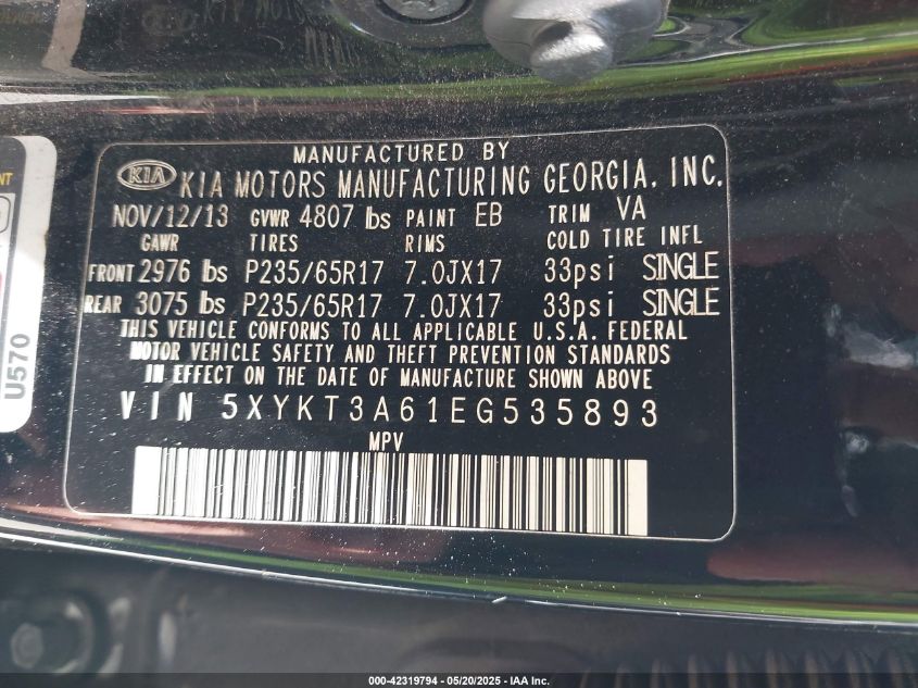 2014 Kia Sorento Lx VIN: 5XYKT3A61EG535893 Lot: 42319794