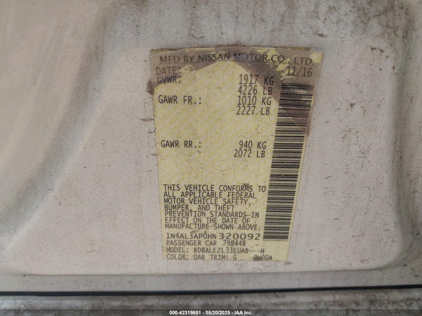 VIN 1N4AL3AP0HN320092 2017 NISSAN ALTIMA 2.5 S