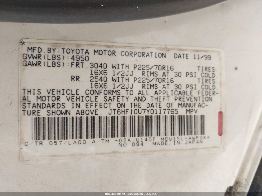 2000 Lexus Rx 300 VIN: JT6HF10U7Y0117765 Lot: 42319872