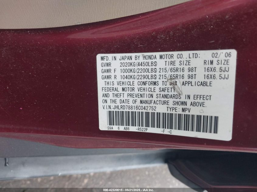 2006 Honda Cr-V Ex VIN: JHLRD78816C042752 Lot: 42320015