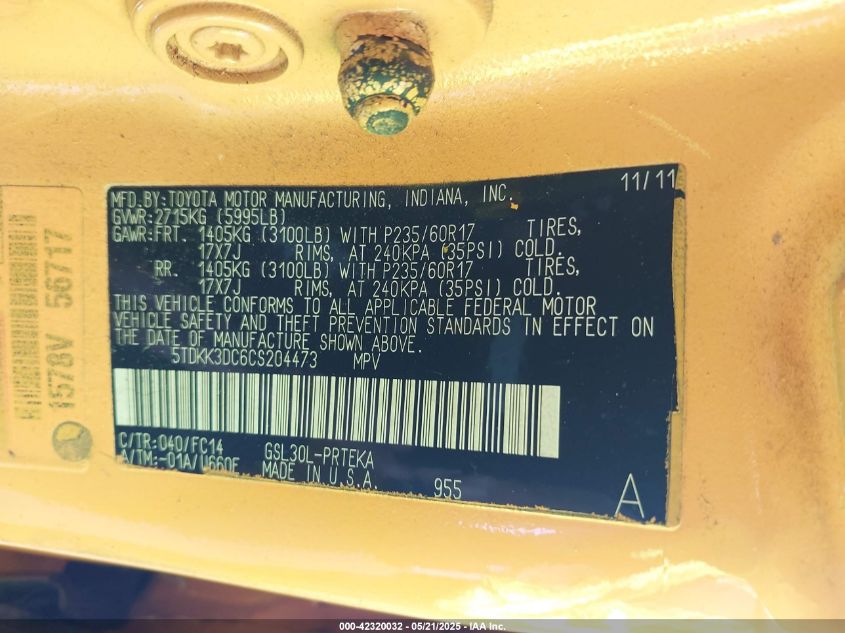 2012 Toyota Sienna Le V6 8 Passenger VIN: 5TDKK3DC6CS204473 Lot: 42320032