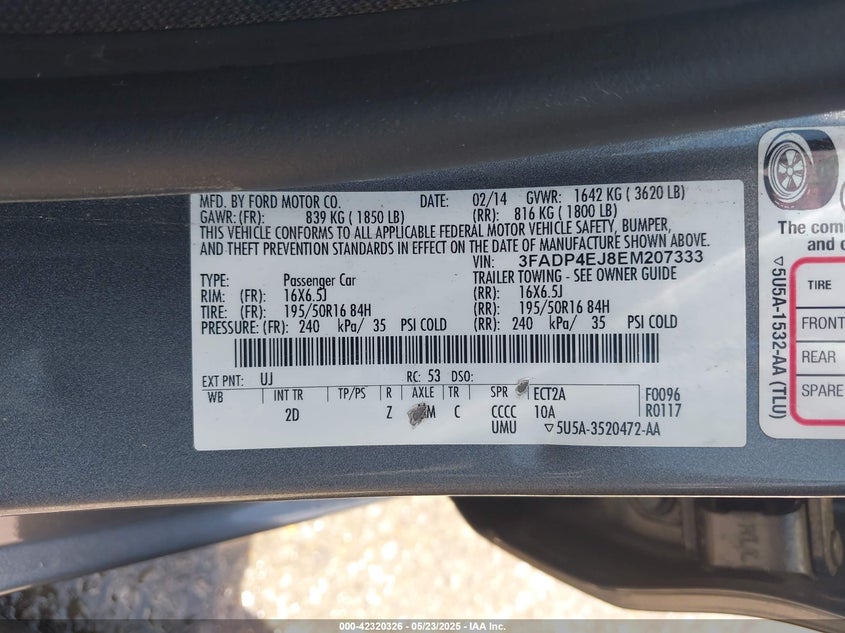 2014 FORD FIESTA VIN: 3FADP4EJ8EM207333