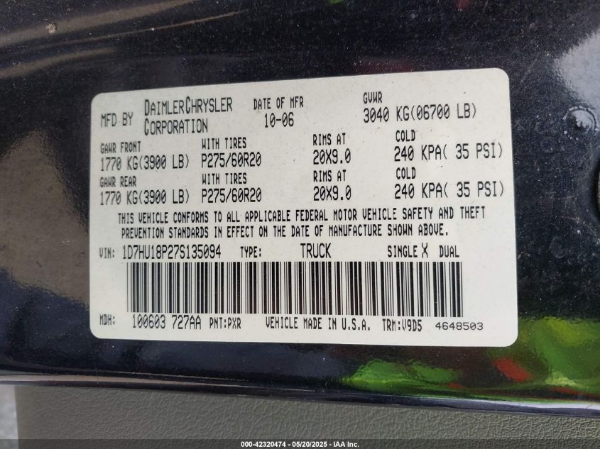 2007 Dodge Ram 1500 Slt/Trx4 Off Road/Sport VIN: 1D7HU18P27S135094 Lot: 42320474