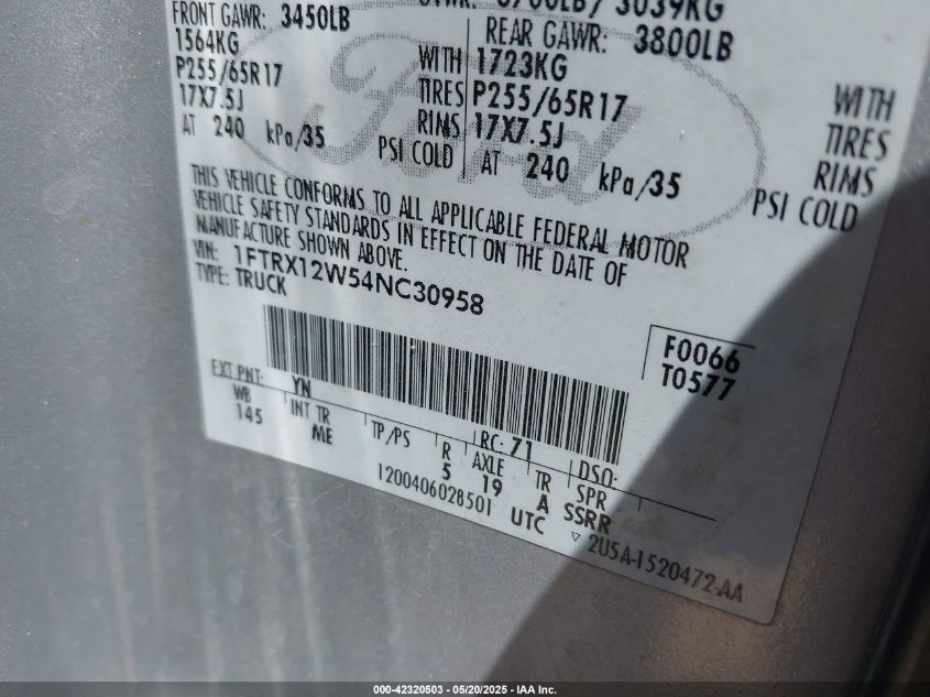 2004 Ford F-150 Stx/Xl/Xlt VIN: 1FTRX12W54NC30958 Lot: 42320503