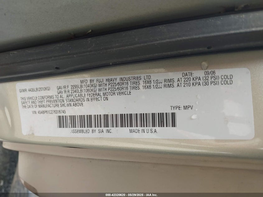 2007 SUBARU OUTBACK VIN: 4S4BP61C276316745