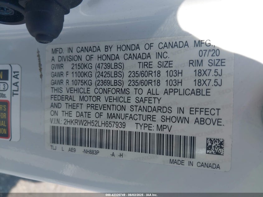 2020 HONDA CR-V AWD EX - 2HKRW2H52LH657939