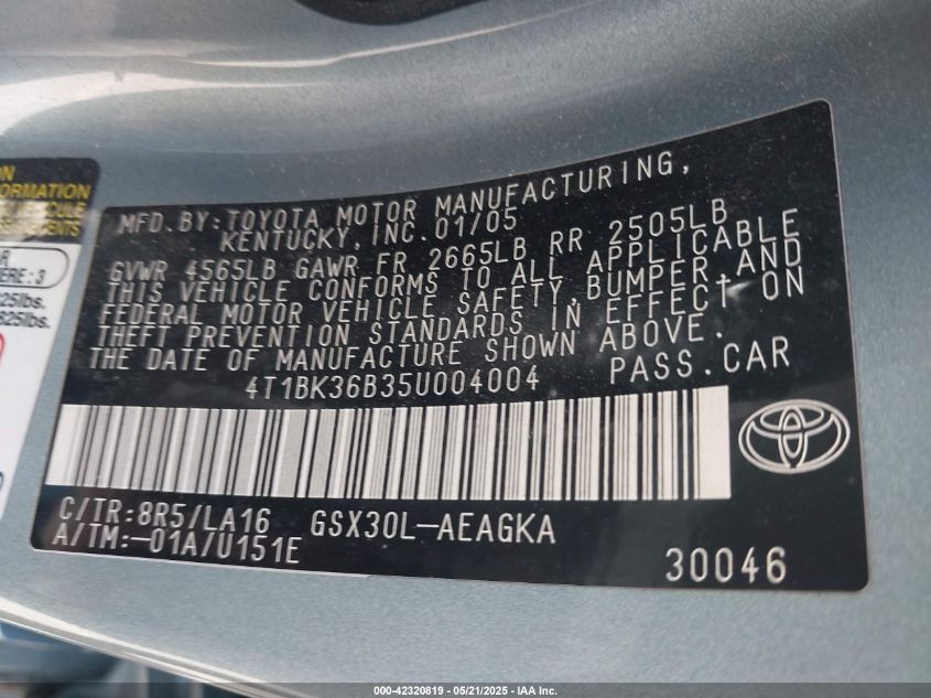 2005 Toyota Avalon Xls VIN: 4T1BK36B35U004004 Lot: 42320819