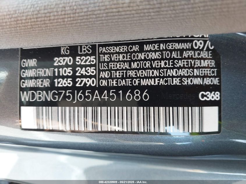 2005 Mercedes-Benz S 500 VIN: WDBNG75J65A451686 Lot: 42320909