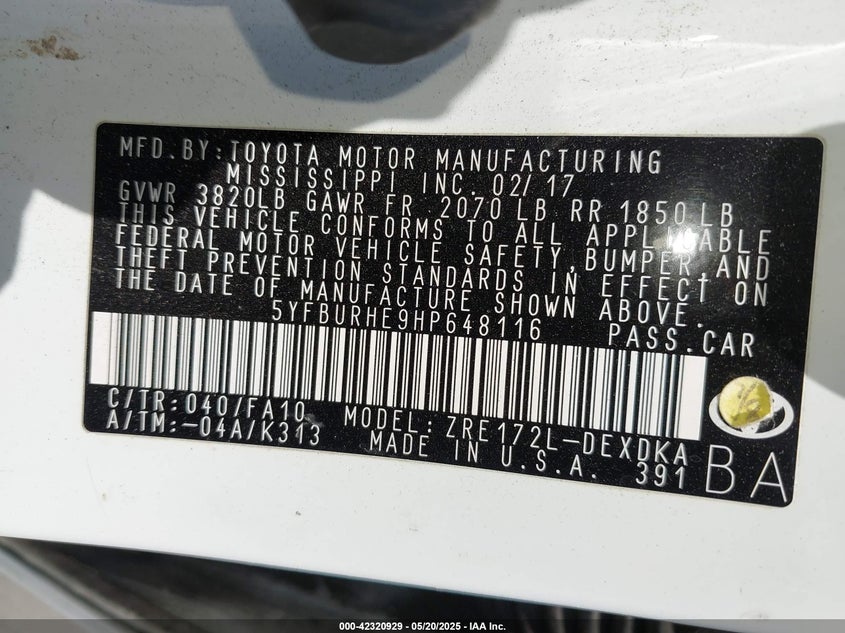 2017 TOYOTA COROLLA VIN: 5YFBURHE9HP648116