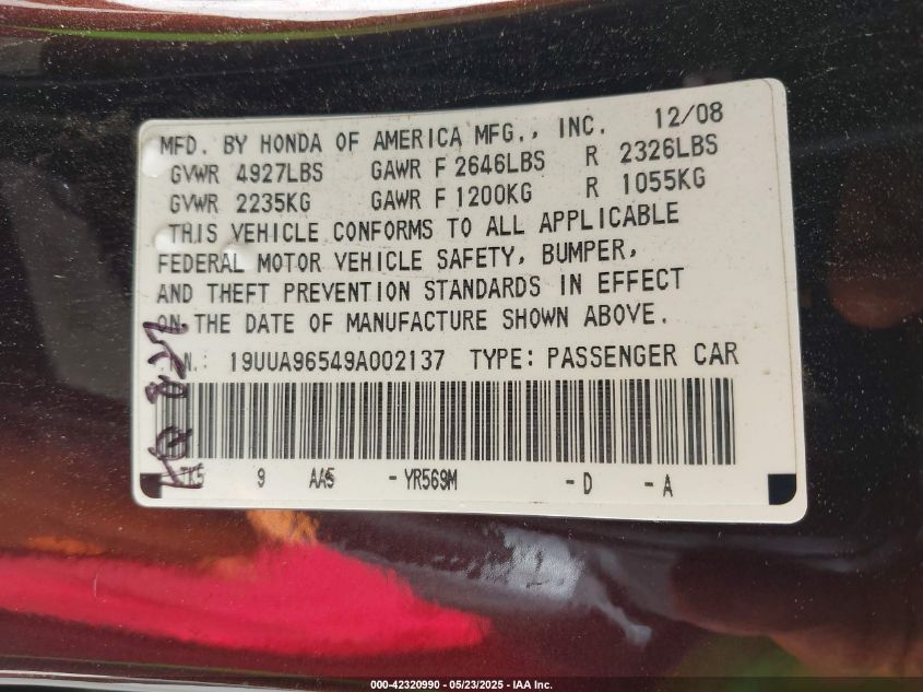 2009 Acura Tl 3.7/Tech VIN: 19UUA96549A002137 Lot: 42320990