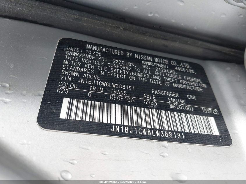 2020 Nissan Rogue Sport Sl Awd Xtronic Cvt VIN: JN1BJ1CW8LW388191 Lot: 42321067