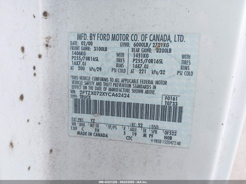 2000 Ford F-150 Xl/Xlt VIN: 2FTZX072XYCA62424 Lot: 42321229