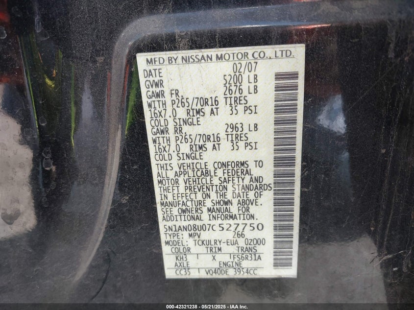2007 NISSAN XTERRA VIN: 5N1AN08U07C527750