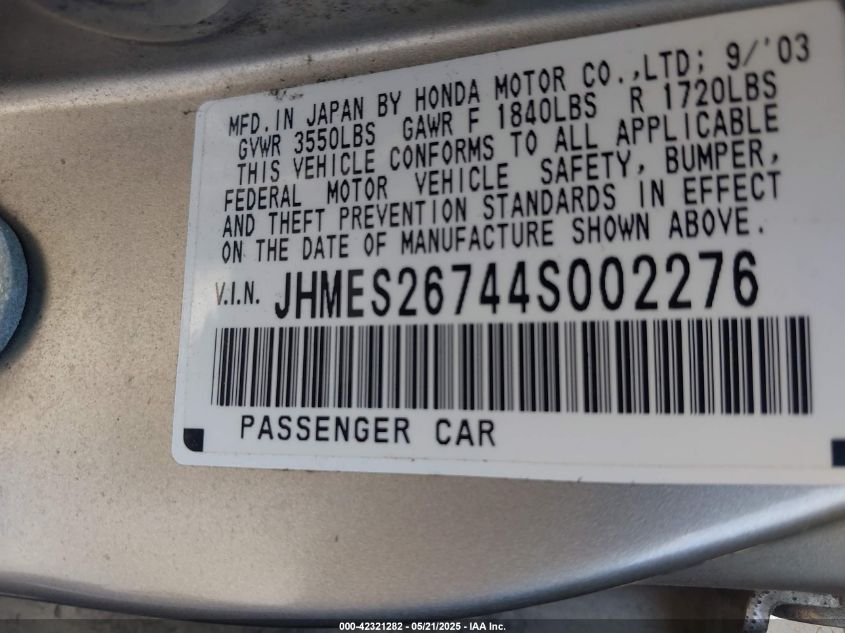2004 Honda Civic Ex VIN: JHMES26744S002276 Lot: 42321282