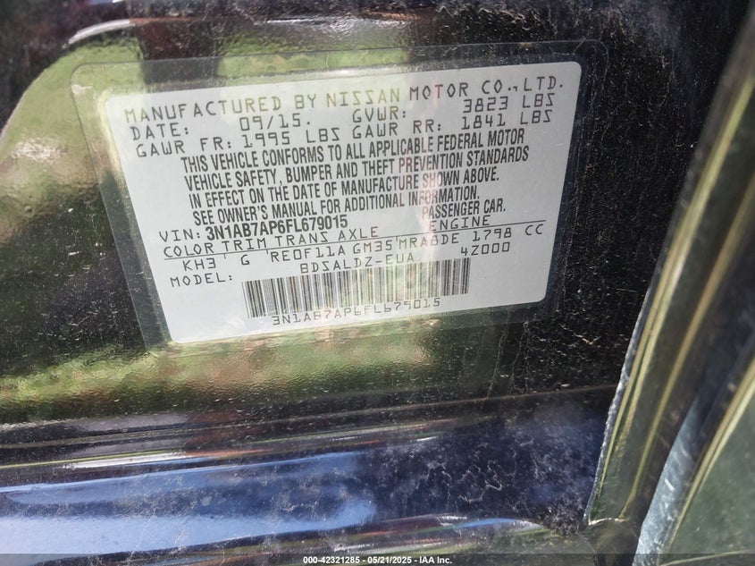 2015 Nissan Sentra Sv VIN: 3N1AB7AP6FL679015 Lot: 42321285