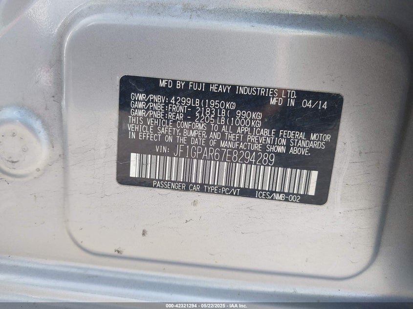 2014 SUBARU IMPREZA 2.0I SPORT LIMITED - JF1GPAR67E8294289