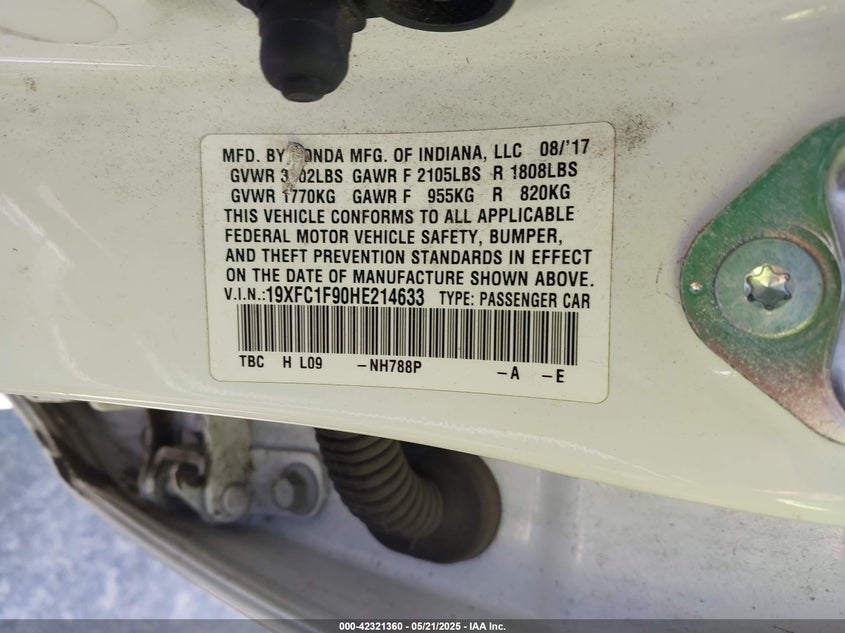 VIN 19XFC1F90HE214633 2017 HONDA CIVIC TOURING