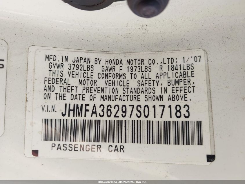 2007 Honda Civic Hybrid VIN: JHMFA36297S017183 Lot: 42321374