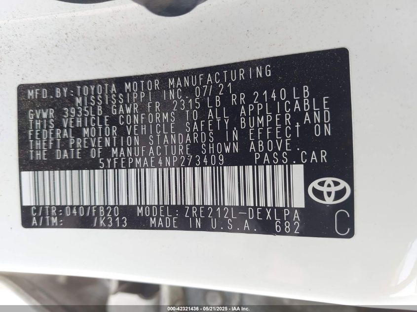 2022 Toyota Corolla Le VIN: 5YFEPMAE4NP273409 Lot: 42321436