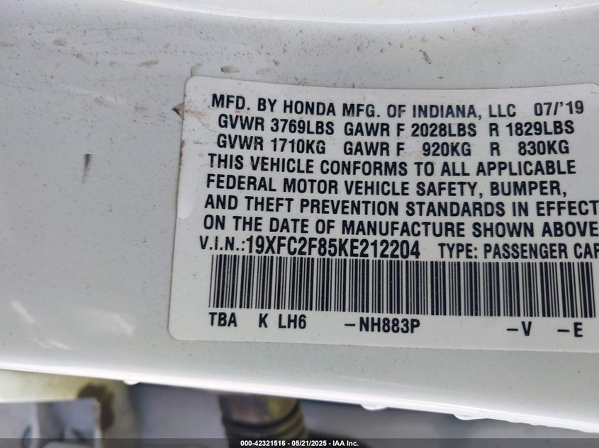 2019 HONDA CIVIC SPORT - 19XFC2F85KE212204