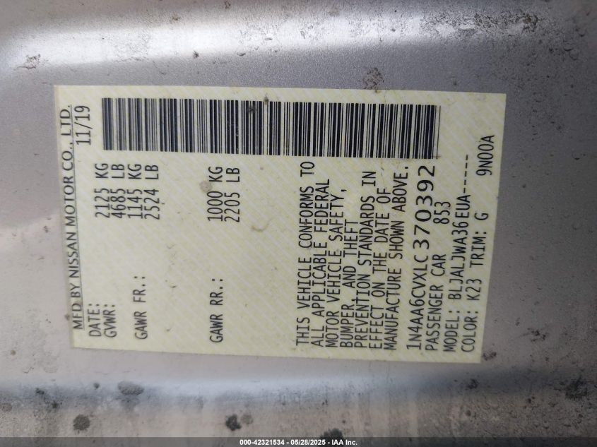 2020 Nissan Maxima Sv Xtronic Cvt VIN: 1N4AA6CVXLC370392 Lot: 43413449