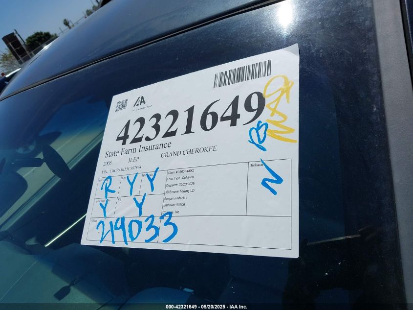 2005 Jeep Grand Cherokee Laredo VIN: 1J4GR48K55C597874 Lot: 42321649