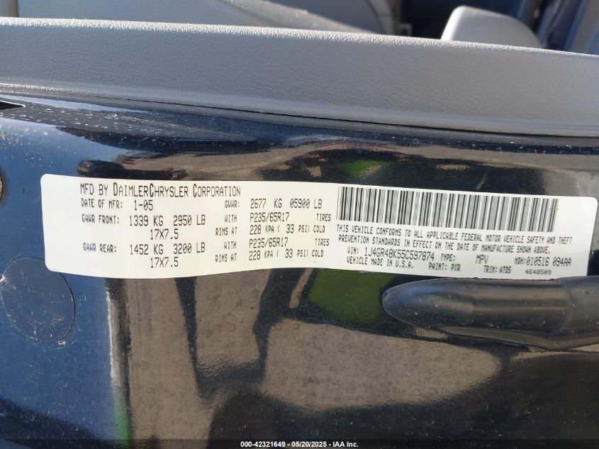 2005 Jeep Grand Cherokee Laredo VIN: 1J4GR48K55C597874 Lot: 42321649